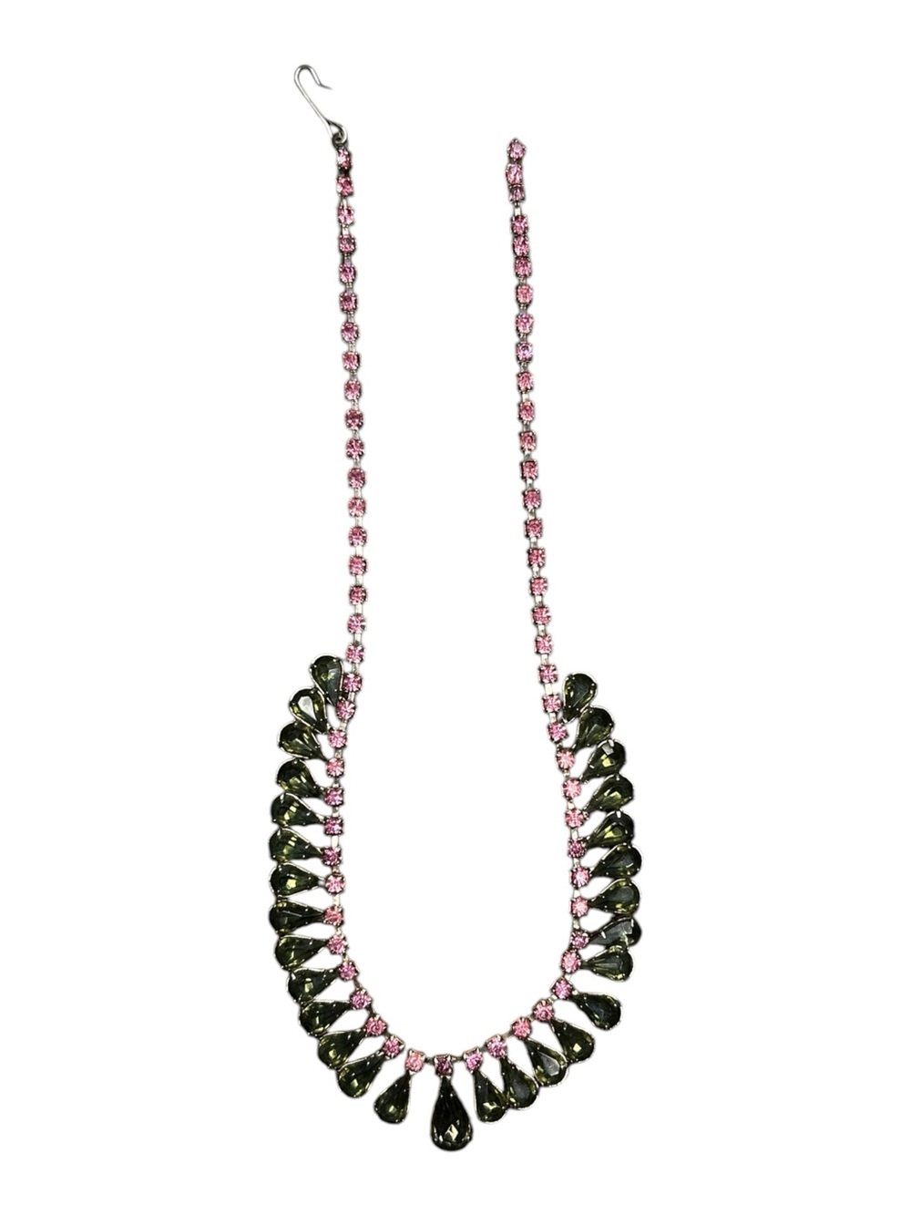 Vintage Pink Rhinestone Olive Green Teardrop Bib Necklace - Picture 5 of 8